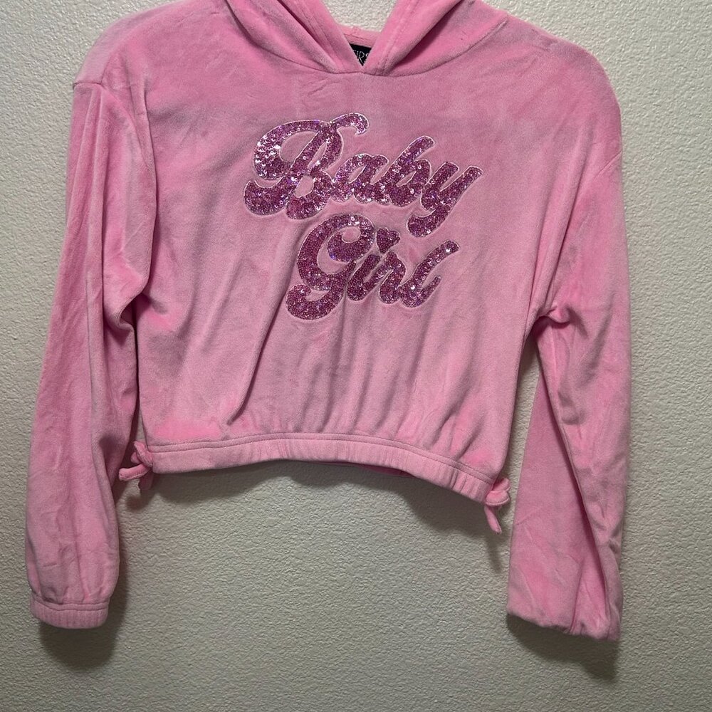 Girls First pink velour cropped hoodie, BABY GIRL in pink sequins, size 10